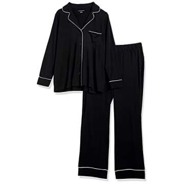 Amazon Essentials Women's Cotton Modal Long-Sleeve Shirt and Full-Length Bottom Pajama Set, Black, Small