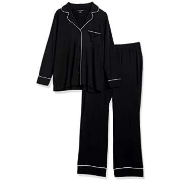 Amazon Essentials Women's Cotton Modal Long-Sleeve Shirt and Full-Length Bottom Pajama Set, Black, Small
