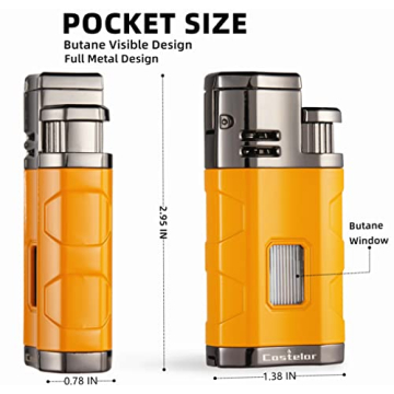 Castelar Triple Jet Flame Lighter with Punch Holder - Yellow