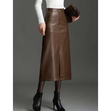 SUNYUESTAR Long Leather Skirts for Women Casual High Waisted Fall Winter Bodycon Midi Skirt with Sli...