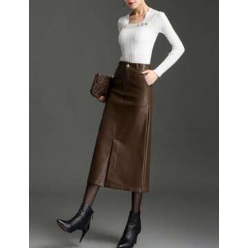 SUNYUESTAR Long Leather Skirts for Women Casual High Waisted Fall Winter Bodycon Midi Skirt with Slit(Brown, M)