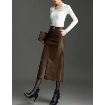 SUNYUESTAR Long Leather Skirts for Women Casual High Waisted Fall Winter Bodycon Midi Skirt with Slit(Brown, M)