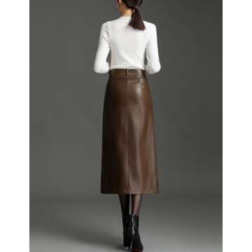 SUNYUESTAR Long Leather Skirts for Women Casual High Waisted Fall Winter Bodycon Midi Skirt with Slit(Brown, M)