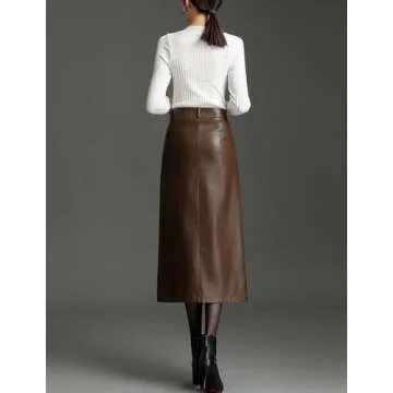 SUNYUESTAR Long Leather Skirts for Women Casual High Waisted Fall Winter Bodycon Midi Skirt with Slit(Brown, M)