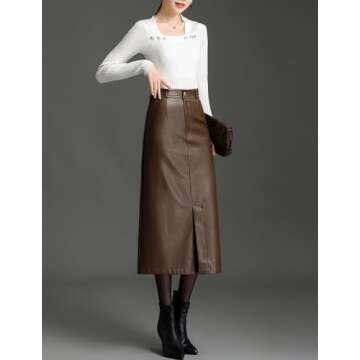 SUNYUESTAR Long Leather Skirts for Women Casual High Waisted Fall Winter Bodycon Midi Skirt with Slit(Brown, M)