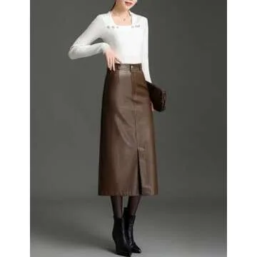 SUNYUESTAR Long Leather Skirts for Women Casual High Waisted Fall Winter Bodycon Midi Skirt with Slit(Brown, M)