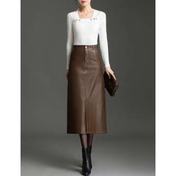 SUNYUESTAR Long Leather Skirts for Women Casual High Waisted Fall Winter Bodycon Midi Skirt with Slit(Brown, M)