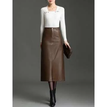 SUNYUESTAR Long Leather Skirts for Women Casual High Waisted Fall Winter Bodycon Midi Skirt with Slit(Brown, M)