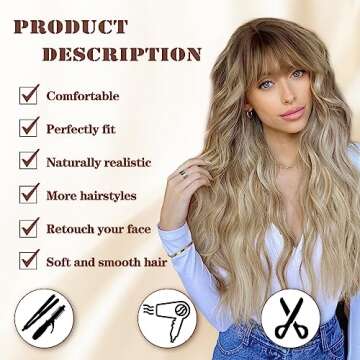Lativ Dirty Blonde Wig with Bangs - Long Wavy Curly Ombre Synthetic Wig, 26 Inches