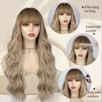 Lativ Dirty Blonde Wig with Bangs 26 inches Long Wavy Style