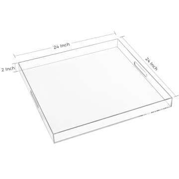 24×24 Inches Clear Acrylic Serving Tray with Handles Extra Large Ottoman Tray Decorative Tray Spill-Proof Coffee Table Space Saver Oversize Counter top Organizer Platter with Safe Edge