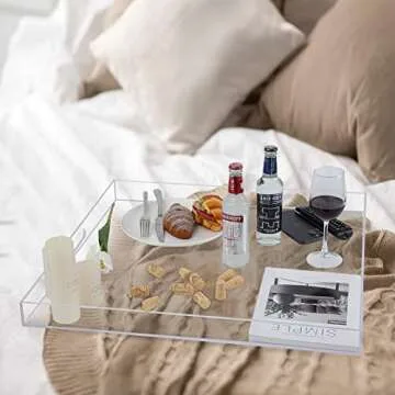 24×24 Inches Clear Acrylic Serving Tray with Handles Extra Large Ottoman Tray Decorative Tray Spill-Proof Coffee Table Space Saver Oversize Counter top Organizer Platter with Safe Edge