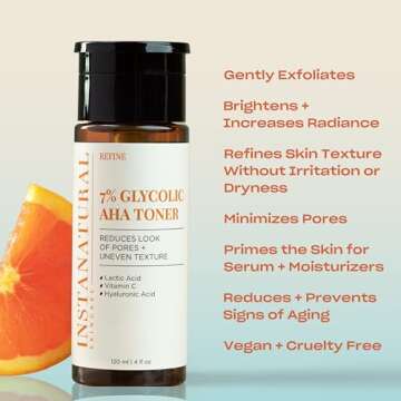 InstaNatural 7% Glycolic AHA Face Toner, Brightens, Reduces The Look of Pores and Uneven Texture, Gently Exfoliates, with Lactic Acid, Witch Hazel and Vitamin C, 4 Fl Oz