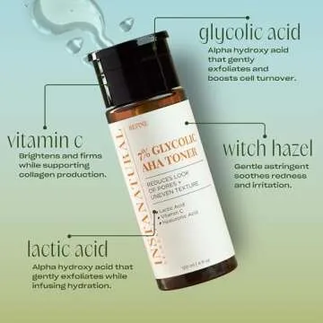 InstaNatural 7% Glycolic AHA Face Toner, Brightens, Reduces The Look of Pores and Uneven Texture, Gently Exfoliates, with Lactic Acid, Witch Hazel and Vitamin C, 4 Fl Oz