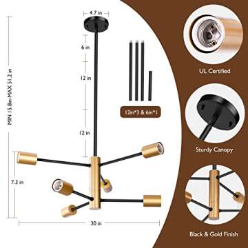 Sheetea 6-Light Sputnik Chandelier, Black and Gold Chandeliers Pendant Lighting, Modern Farmhouse Dinning Room Light Fixture Mid Century Brass, Height Adjustable for Living Room Bedroom Kitchen Island