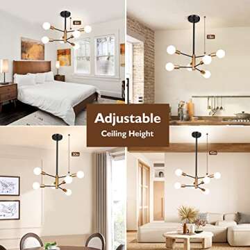 Sheetea 6-Light Sputnik Chandelier, Black and Gold Chandeliers Pendant Lighting, Modern Farmhouse Dinning Room Light Fixture Mid Century Brass, Height Adjustable for Living Room Bedroom Kitchen Island