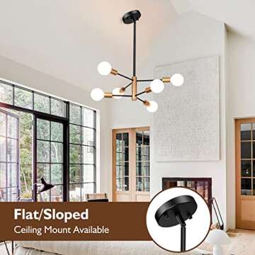 Sheetea 6-Light Sputnik Chandelier, Black and Gold Chandeliers Pendant Lighting, Modern Farmhouse Dinning Room Light Fixture Mid Century Brass, Height Adjustable for Living Room Bedroom Kitchen Island