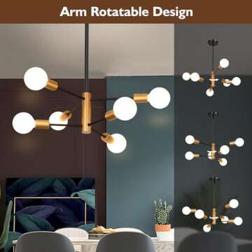 Sheetea 6-Light Sputnik Chandelier, Black and Gold Chandeliers Pendant Lighting, Modern Farmhouse Dinning Room Light Fixture Mid Century Brass, Height Adjustable for Living Room Bedroom Kitchen Island