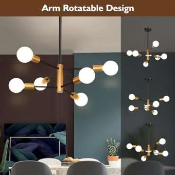 Sheetea 6-Light Sputnik Chandelier, Black and Gold Chandeliers Pendant Lighting, Modern Farmhouse Dinning Room Light Fixture Mid Century Brass, Height Adjustable for Living Room Bedroom Kitchen Island