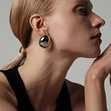 Big Silver Polished Oval Dome Earrings Chunky Hoop Earrings Thick Oversized Earrings