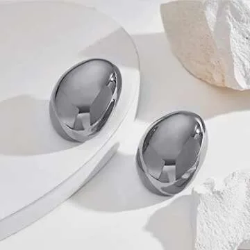 Big Silver Polished Oval Dome Earrings Chunky Hoop Earrings Thick Oversized Earrings