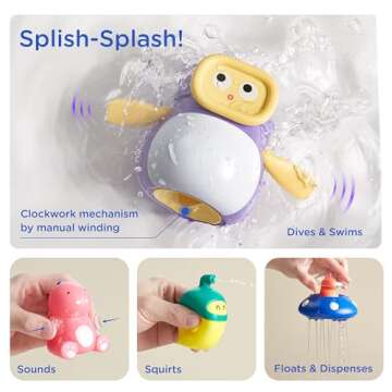 KUB Baby & Toddler Bath Toys, Four Little Dinosaurs: Water Squirter - Squeeze & Sound - Wind Up Diver - Floating Sprayer, Cute Fun Bathtub Toys for Boy Girl Ages 1-3 Years Old, 4 Pcs Set