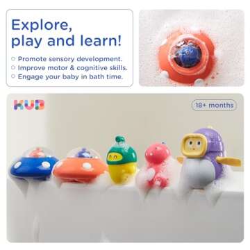 KUB Baby & Toddler Bath Toys, Four Little Dinosaurs: Water Squirter - Squeeze & Sound - Wind Up Diver - Floating Sprayer, Cute Fun Bathtub Toys for Boy Girl Ages 1-3 Years Old, 4 Pcs Set