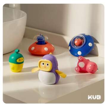 KUB Baby & Toddler Bath Toys, Four Little Dinosaurs: Water Squirter - Squeeze & Sound - Wind Up Diver - Floating Sprayer, Cute Fun Bathtub Toys for Boy Girl Ages 1-3 Years Old, 4 Pcs Set