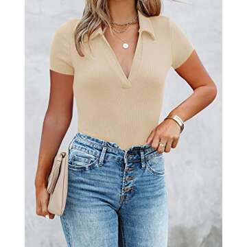 OWIN Women's Short Sleeve Collared Bodysuit Tee in Beige