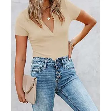 OWIN Women's Short Sleeve Collared Bodysuit Tee in Beige