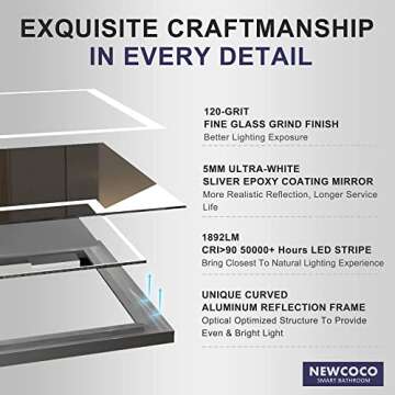 Newcoco 36x28 Inch Ultra White LED Bathroom Mirror High Lumen Anti Fog Lighted Mirror IP67 Waterproof Dimmable Wall Mounted LED Vanity Mirror with Lights (Horizontal & Vertical)