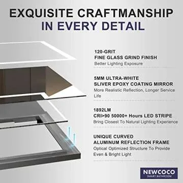 Newcoco 36x28 Inch Ultra White LED Bathroom Mirror High Lumen Anti Fog Lighted Mirror IP67 Waterproof Dimmable Wall Mounted LED Vanity Mirror with Lights (Horizontal & Vertical)