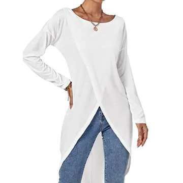 LYANER Women's High Low Long Sleeve Wrap Front Split Hem Long Shirt Blouse Tunic Top Solid White Small