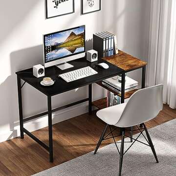 JOISCOPE Home Office Computer Desk,Small Study Writing Desk with Wooden Storage Shelf,2-Tier Industrial Morden Laptop Table with Splice Board,48 inches(Black Oak Finish)