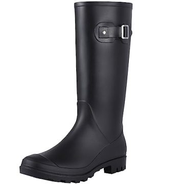 Evshine Women's Knee High Rain Boots - Chic Narrow Calf Waterproof Wellies in Matte Black