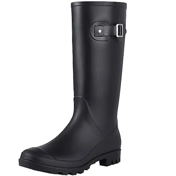 Evshine Women's Knee High Rain Boots - Chic Narrow Calf Waterproof Wellies in Matte Black