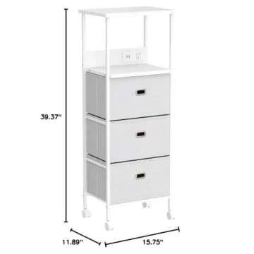 Dormify Charging Storage Drawer Organizer on Wheels | 3 Drawers | Fabric Drawers Storage | White & Grey | 1 Oulet & 2 USB Ports | Bedside Storage | Nightstand | 15"W x 11"D x 39"H | Bedroom Essential