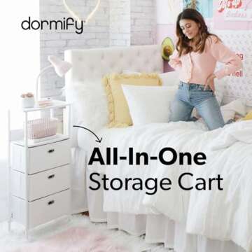 Dormify Charging Storage Drawer Organizer on Wheels | 3 Drawers | Fabric Drawers Storage | White & Grey | 1 Oulet & 2 USB Ports | Bedside Storage | Nightstand | 15"W x 11"D x 39"H | Bedroom Essential