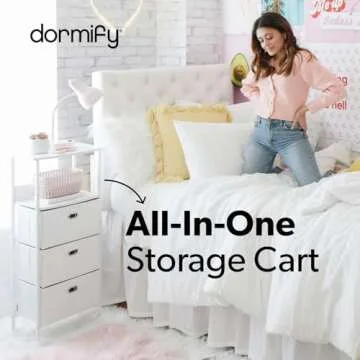 Dormify Charging Storage Drawer Organizer on Wheels | 3 Drawers | Fabric Drawers Storage | White & Grey | 1 Oulet & 2 USB Ports | Bedside Storage | Nightstand | 15"W x 11"D x 39"H | Bedroom Essential