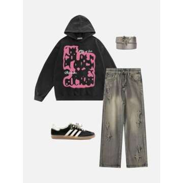 Aelfric Eden Mens Oversized Graphic Hoodies Abstraction Print Washed Hoodie Sweatshirt Unisex Hooded Pullover Tops Black