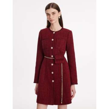 GOELIA Formal Mini Dress Long Sleeve Crewneck Button Up Tweed Dress for Women with Metal Button