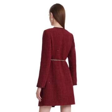 GOELIA Formal Mini Dress Long Sleeve Crewneck Button Up Tweed Dress for Women with Metal Button
