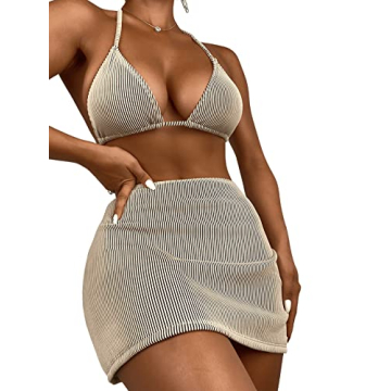 Stylish SweatyRocks 3 Piece Zebra Striped Bikini Swimsuit Set with Beach Skirt