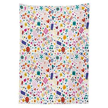Ambesonne Birthday Tablecloth, Dotted Spirals Stars Hearts Musical Notes Surprise Present Boxes Patt...