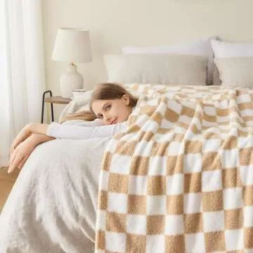 NEWCOSPLAY Knitted Brown White Checkered Blanket Super Soft Plush Throw for Couch Fuzzy Fluffy Microfiber Lightweight Blanket for Bed Sofa All Season Use (Brown White, Throw(50"x60"))