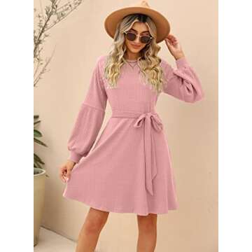 SUPRELOOK Women's Long Sleeve Crew Neck Ribbed Knit High Waist Sweater Dress with Pockets Pink
