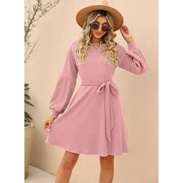 SUPRELOOK Women's Long Sleeve Crew Neck Ribbed Knit High Waist Sweater Dress with Pockets Pink