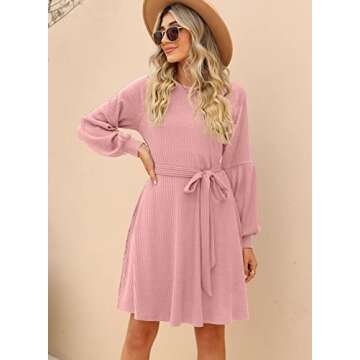 SUPRELOOK Women's Long Sleeve Crew Neck Ribbed Knit High Waist Sweater Dress with Pockets Pink