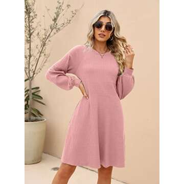 SUPRELOOK Women's Long Sleeve Crew Neck Ribbed Knit High Waist Sweater Dress with Pockets Pink