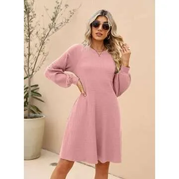 SUPRELOOK Women's Long Sleeve Crew Neck Ribbed Knit High Waist Sweater Dress with Pockets Pink